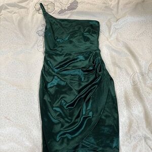 Windsor Green Asymmetrical Ruched Cocktail Dress